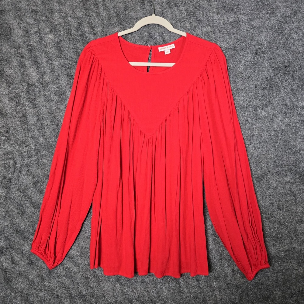 Knox Rose Top Womens XL Red Crepe Crinkle Pleat Flowy Long Sleeve Peasant